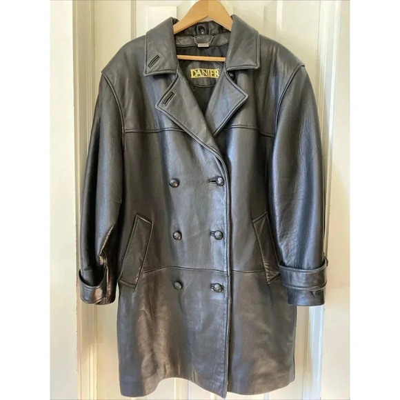 Danier Other - Danier Men’s Black Mid Length Leather Coat Sz M Double Breasted Mid Length Black